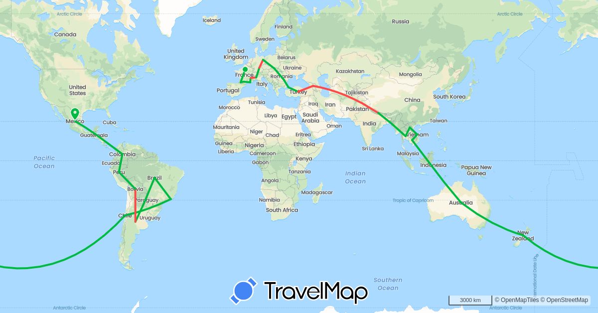 TravelMap itinerary: driving, bus, hiking in Argentina, Bolivia, Brazil, Chile, Germany, France, Georgia, Italy, Laos, Nepal, New Zealand, Romania, Slovakia, Thailand, Turkey (Asia, Europe, Oceania, South America)